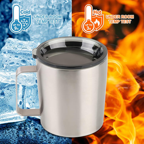 12 oz Insulated Coffee Mug with Lid, Stainless Steel, Double Wall Vacuum Insulated Travel Mug Coffee Cup with Handle, Stainless Steel/Silver (803-...