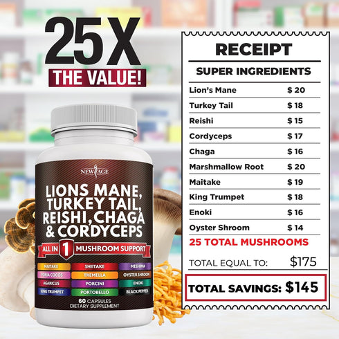 NEW AGE Lions Mane 3000mg 20in1 Mushroom Supplement with Turkey Tail 2000mg Reishi 1000mg Cordyceps Chaga 1000mg with Marshmallow Root...