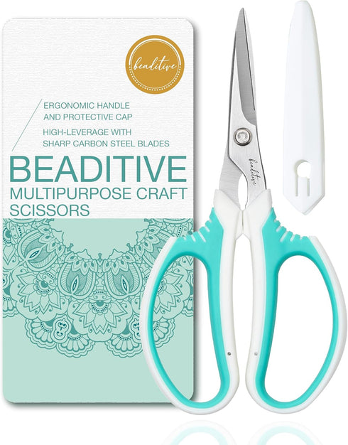 Beaditive Multipurpose Craft Scissors - High-Leverage with Sharp Carbon Steel Blades - Ergonomic Sewing Scissors for Heavy Duty Projects - Office,...