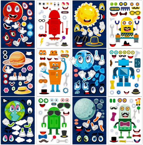 Benresive 24 Sheets Robotics & Space Party Favors for Kids 3-5 4-8, Face Stickers for Kids, Crafts Activities for Toddlers 1-3 2-4 3-5, Make Your ...