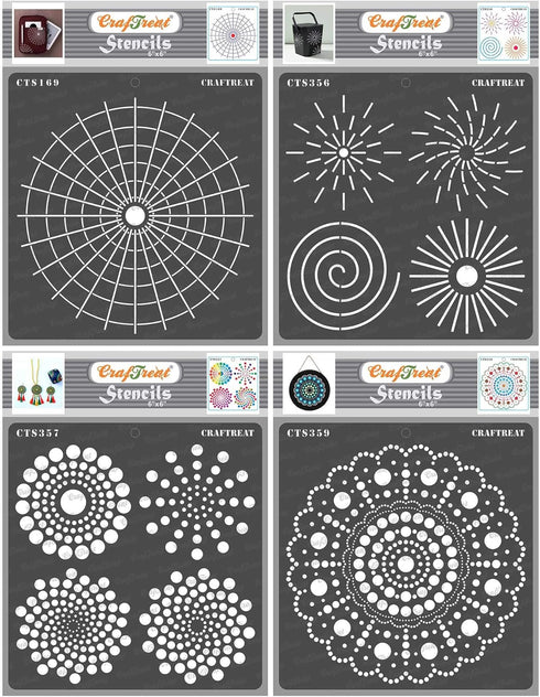 CrafTreat Dot Mandala Stencils for Painting on Wood, Canvas, Paper, Floor, Wall and Tile - Dot Mandala Basics, Outlines, Round and Radar - 4 Pcs -...