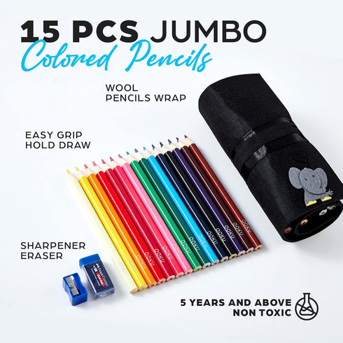 Chunky Kids Colored Pencils 15 Piece - Jumbo Chubby Easy Holding - Easy to Hold Draw Kids with Pencil Pouch, Mini Eraser, Pencil Sharpener Full 18...