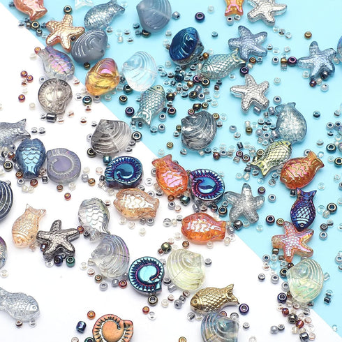 KINGSHINE 650pcs Starfish Beads Shell Beads Snails Beads Fish Glass Beads for Jewelry Making,Ocean Themed Colorful Star Beads for Bracelet Making,...
