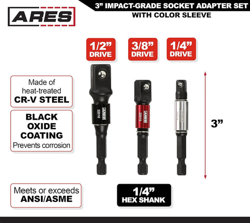 ARES 22011-3-Piece 3-Inch Impact Grade Socket Adapter Set with Color Sleeve - Turns Power Drill into High Speed Nut Driver - 1/4-Inch, 3/8-Inch, a...