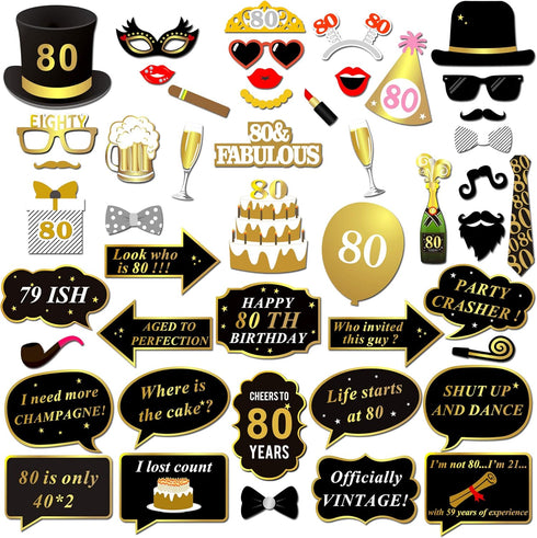 Konsait 80th Birthday Photo Booth Props(48Count), Funny 80 Party Photo Props Kit Black Gold Decor with Stick for Man Woman 80th Birthday Decoratio...