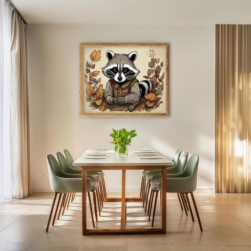 Posterizer 1 pcs- A raccoon sitting behind a table with orange leaves-Art for Animal Lovers-Floral Botanical Art- Gift for Men Women -Decor for Be...