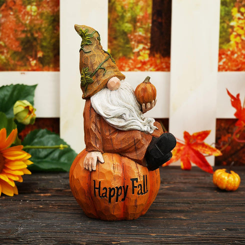 Topadorn Fall Garden Gnome Figurine Sitting on Pumpkin Statue Autumn Harvest Garden Gnomes Statue Figurine for Patio Yard Lawn Porch Decoration?Ha...