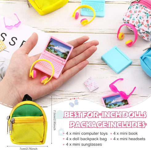 20 Pieces Doll Backpack Set Dollhouse School Accessories Doll Travel Supplies Include Mini Laptop Scene Simulation Backpack Bag with Zipper Mini H...