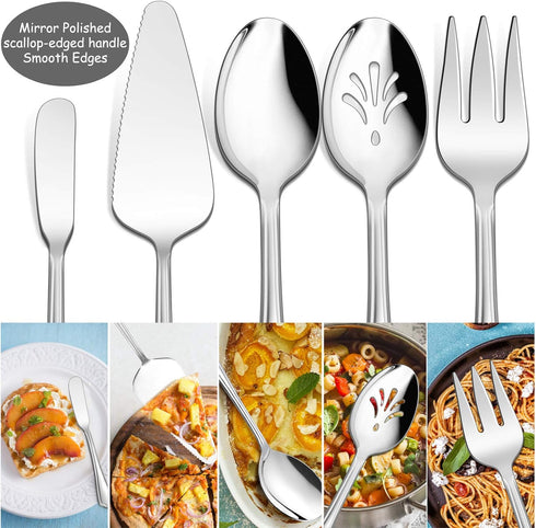 5-Piece Serving Utensils, E-far Stainless Steel Scalloped Edge Hostess Serving Set for Buffet Party Kitchen Restaurant, Mirror Finished & Dishwash...