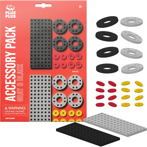 PLUS PLUS - Accessory Pack, Gray & Black - 2 Baseplates, 8 Wheels - Construction Building Stem/Steam Toy, Interlocking Mini Puzzle Blocks for Kids...