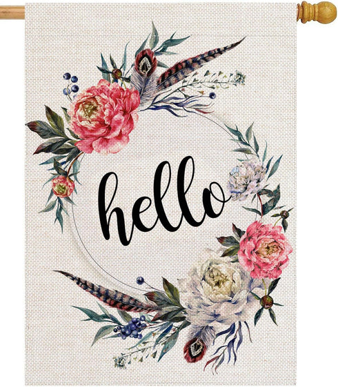 Hello Floral Wreath House Flag 28" x 40" Double Sided Burlap Welcome Large Yard Garden Flag Banners for Patio Lawn Home Outdoor Decor...
