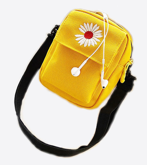 Daisy Flower Stylish Yellow Mini Cotton Canvas Crossbody Bag with Daisy Embroidery...