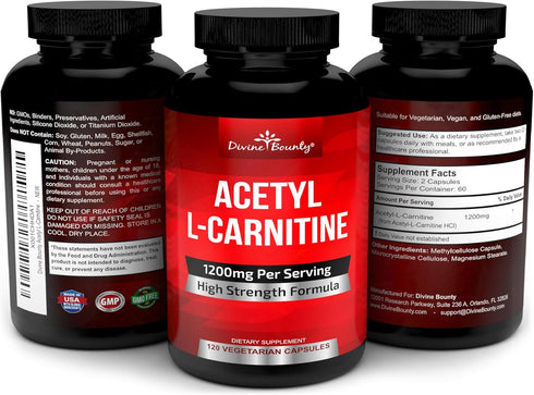Divine Bounty Acetyl L-Carnitine Capsules 1200mg Per Serving - L Carnitine Supplement 120 Vegetarian Capsules...
