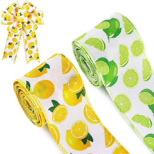 Whaline 2 Rolls Summer Lemon Wired Edge Ribbon 12 Yard Yellow Green Lemon Pattern Ribbon Summer Spring Fabric Decorative Craft Ribbon Roll for Gif...