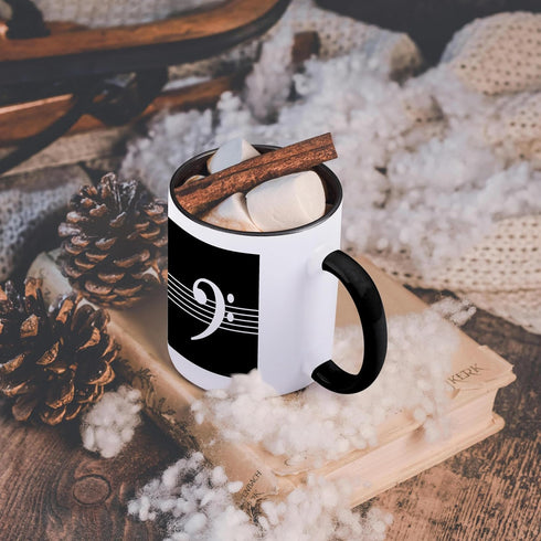 3dRose mug_232122_4 Black Bass clef F-clef on musical staves staff - music musician gift - Two Tone Black Mug, 11oz...
