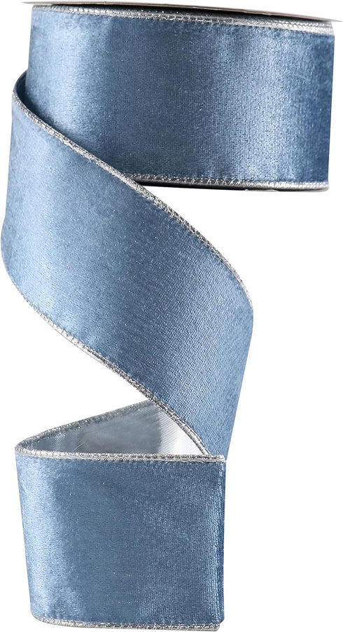 Dusty Blue Velvet Ribbon Wired 2.5" x 10 Yards Blue Christmas Wired Ribbon with Silver Metallic Back Silver Blue Wired Ribbon for Wreaths, Tree To...