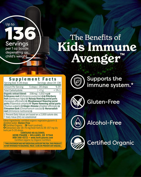 Herb Pharm Kids Certified-Organic Alcohol-Free Immune Avenger Herbal Formula, 1 Ounce...
