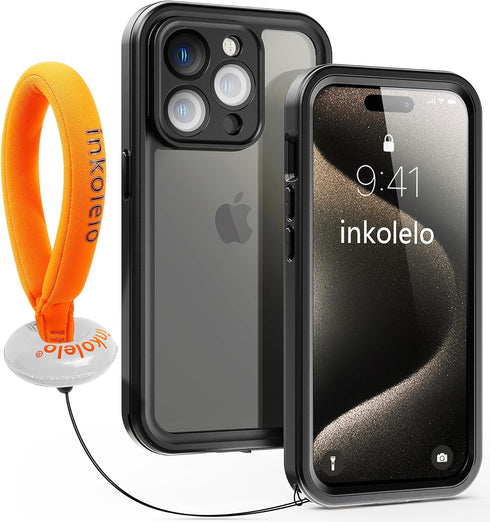 inkolelo Compatible with iPhone 15 Pro Waterproof Case, Built-in Screen Full-Body Protector with Floating Strap IP68 Waterproof Case- Matte Black/...