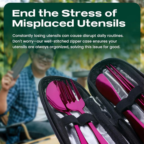 Portable Travel Silverware Set With Case, Includes 5 Pcs of Travel Utensils With Case, Stainless Steel Flatware Set For Camping, Easy to Travel, L...