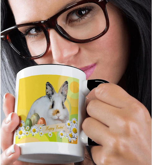 3dRose Calico Bunny Rabbit with Daisy Flowers and Three Eggs Happy Easter Two Tone Mug, 1 Count (Pack of 1), Black...