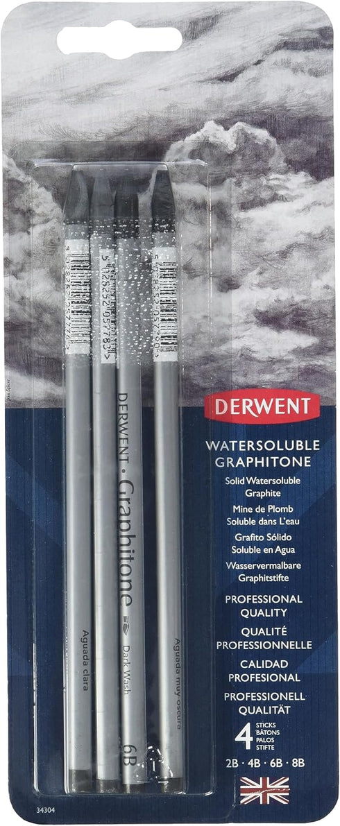 Derwent Watersoluble Graphitone Pencils, Fine Point, Black, 4 Pencils per Pack (34304)...