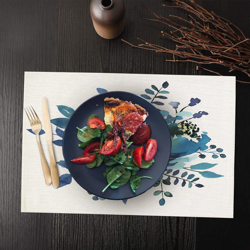 Shrahala Indigo Blue Hand Floral Bouquet Placemats, Watercolor White Flowers Table Mat Linen Burlap Washable Double-Deck Heat Insulation for Dinin...