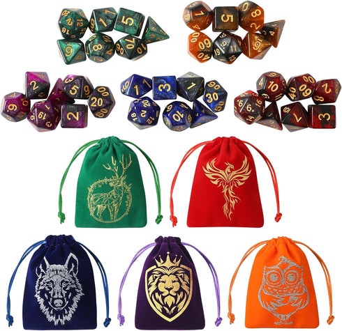 35Pcs DND Dice Set with 5 Colorful Animal Patterned Dice Pouches, Polyhedral Dice Sets for Dungeons and Dragons D&D TTRPG MTG Table Role Playing G...