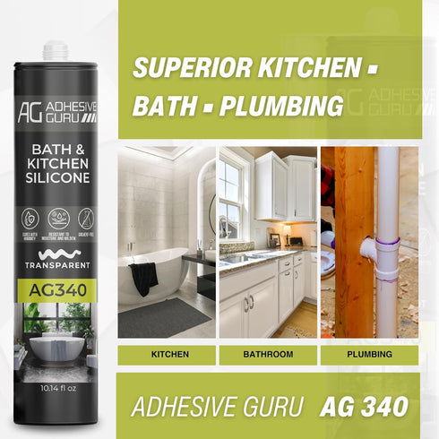 Adhesive Guru AG340 Clear Silicone Sealant (10.14 fl oz), 100% Silicone Caulk, Weatherproof & Flexible Adhesive Sealant for Bath and Kitchen, 1 Pa...