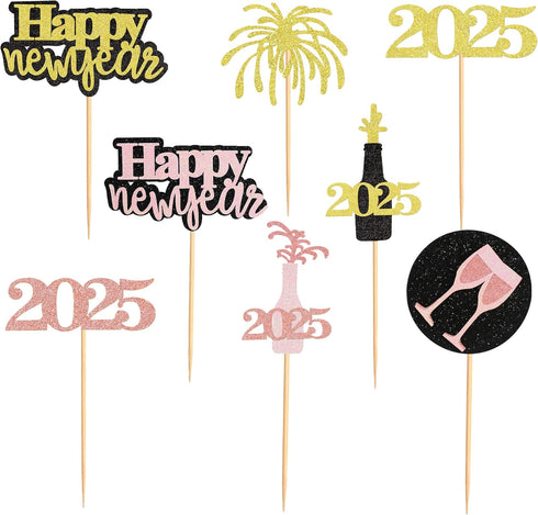 24 Pcs Glitter Rose Gold and Gold Happy New Year Cupcake Toppers 2025 Rose Gold,Gold and Black Cupcake topper Cheers to 2025 Cake Picks for New Ye...