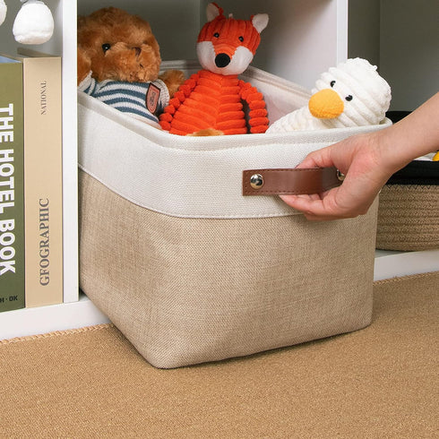 DULLEMELO Collapsible Rectangle Fabric Storage Basket for Organizing Clothes, Toys, Towels, Books, Laundry, Nursery, Dog Toys (White & Khaki)...