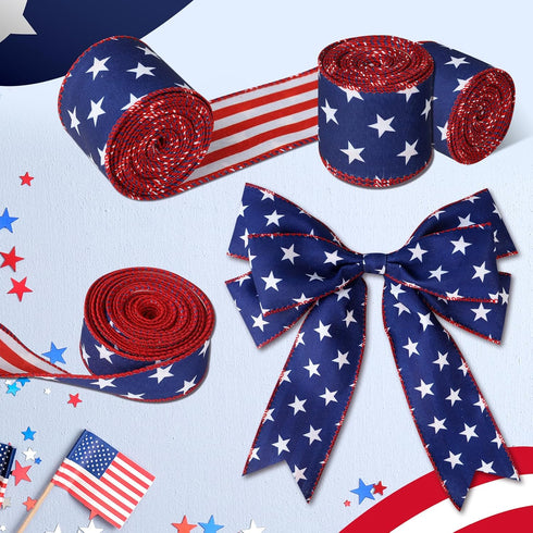 20 Yards Patriotic Wired Edge Ribbon 4th of July Star Strip Burlap Ribbon Red Blue White American Flag Decorative for Independence Day Memorial Da...