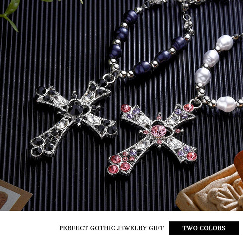 2 Pcs Crystal Cross Necklace Y2k Necklaces Vintage Goth Pearl Necklace Aesthetic Cross Choker Pearl Chain Necklace Gothic Cross Pendant for Women ...