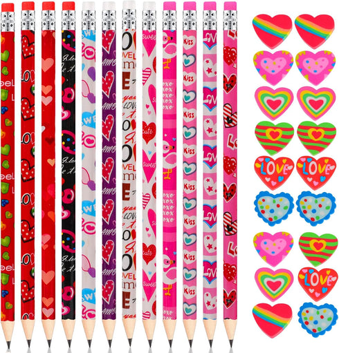 YVAINE 48 Pieces Valentine Pencils for Kids,Valentine's Day Pencils Assortment with Eraser 24 Wooden Pencils 24 Valentines Heart Eraser for Home S...