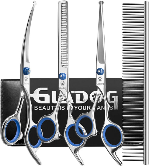 GLADOG Professional 5 in 1 Dog Grooming Scissors Set with Safety Round Tips, Sharp and Heavy-duty Pet Grooming Shears for Cats...