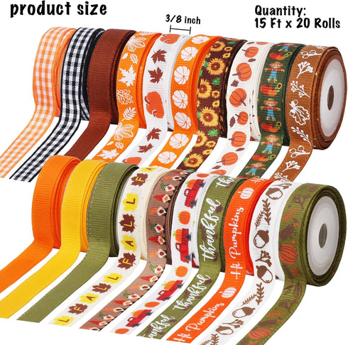 Fall Ribbons 3/8 Inch x 300Fts (20 Rolls x 15Ft), Pumpkin Ribbon/Thanksgiving Harvest Ribbon for Wrapping DIY Craft Decor...