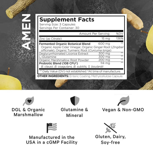 Amen Leaky Gut Supplement - Advanced Formula with Bioavailable L Glutamine, Zinc, Turmeric, DGL Licorice Root - Marshmallow Root - Probiotics & Fe...