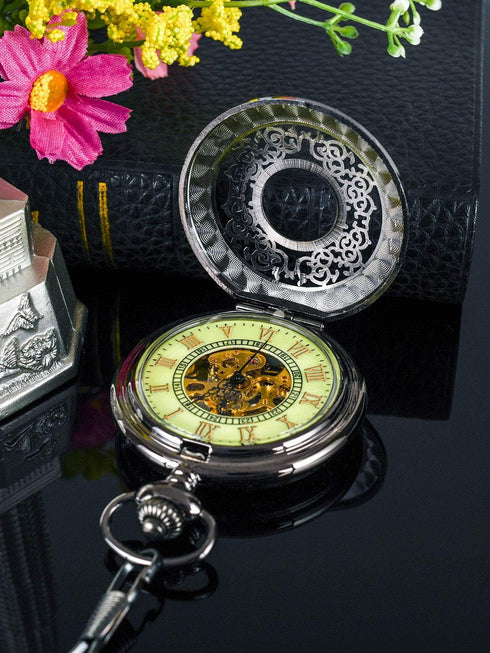 BOSHIYA Vintage Mechanical Pocket Watches for Men Luminous Steampunk Pocket Watch with Chain Black Skeleton Dial Roman Numberals Pocketwatch Gifts...