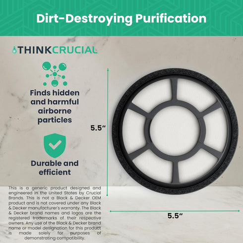 Think Crucial Replacement Vacuum Filters Compatible with Black & Decker Part # BDASV102 & Models Air Swivel Pre Filter Part, Fits Vacuum Cleaner -...