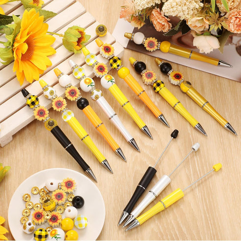 12 Set Plastic Beadable Pens Assorted Bead Pens Wood Beads Crystal Spacer Beads Set Round Beads Black Ink Ballpoint Pen DIY Bead Pen Set for Women...