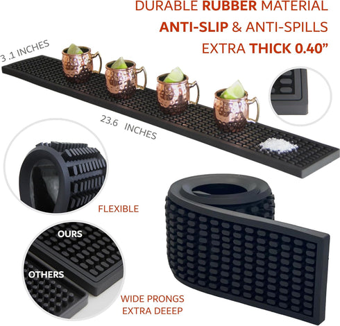 Premium Bar Rubber Spill Mat. 23.6" x 3.1" Bar Rail Mat. 0.4" Thick Bar Mats for Countertop. Bar Mats for Bartending (restaurants/bars/glass dryin...