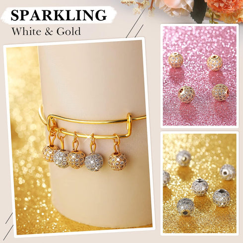 Hicarer 20 Pieces 8 mm Zirconia Cubic Beads, Round Rhinestone Bracelet Spacer Charms,Crystal Zirconia Stones, Ball Beads for Jewelry Making DIY(Wh...