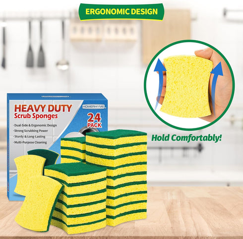 Heavy Duty Sponges, 24 Pack Scrub Sponge, Multipurpose Dish Sponge, Eco Cellulose Kitchen Sponge Sturdy Ergonomic Design for Washing Dishes, Uncoa...
