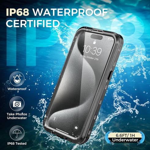 iPhone 15 Pro Case Waterproof, IP68 Waterproof Case for iPhone 15 Pro, iPhone 15 Pro Case with Kickstand, Impact Resistant TPU + PC Case, Suitable...