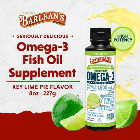 Barlean's Key Lime Pie High Potency Omega 3 Fish Oil Liquid Supplement, 1500mg of EPA& DHA Fatty Acid, Smoothie Flavored & Burpless for Brain, Joi...