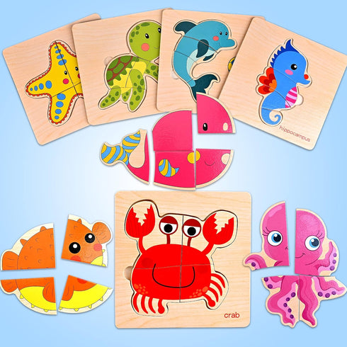 8pcs Wooden Puzzles for Toddlers 1-3, Toddler Puzzles Ages 2-4, Montessori Toys for 1-3+ Years Girl Boy, Sea Animal Puzzle for Kids, Jigsaw Puzzle...