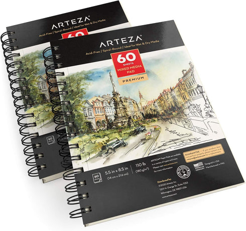 ARTEZA Mixed Media Sketchbook, 5.5 x 8.5 Inches, Pack of 1, 60 Sheets, Micro-Perforated Spiral-Bound Paper Pad for Wet and Dry Media...