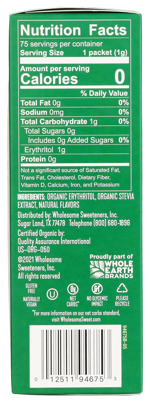 Wholesome Sweeteners Organic Stevia, 75 Count Packets, Zero Calorie Sweetener Blend, Keto Friendly, Non GMO, Gluten Free & Vegan, 1 Pack...