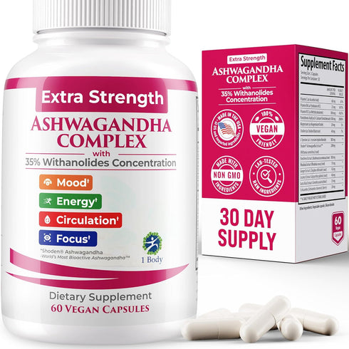 1 Body Ashwagandha Complex with Shoden® – Clinically Supported Stress Relief, Sleep, and Energy Support – Vegan, Non-GMO Supplements – 60 Capsules...