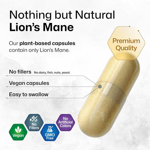 Lions Mane Supplement Capsules - Vegan, Organic Lion’s Mane Mushroom Supplement for Cognitive Function, Focus Support - Lions Mane Pills - 3 Month...