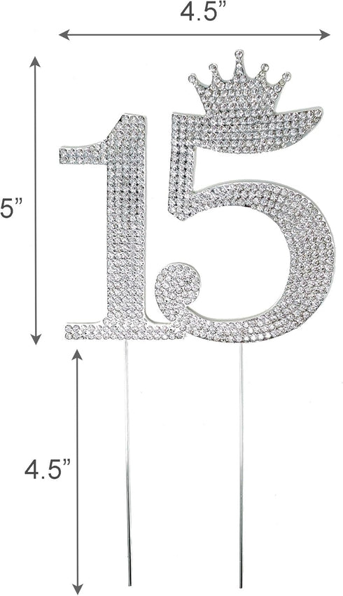 Number 15 Quinceanera Rhinestone Princess Crown Monogram Cake Topper - Sweet 15th Birthday Party (Silver)...